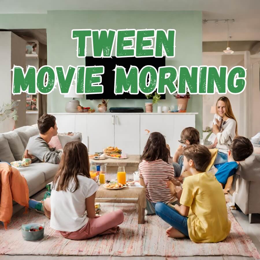Tween Movie morning with a group of tweens around a tv